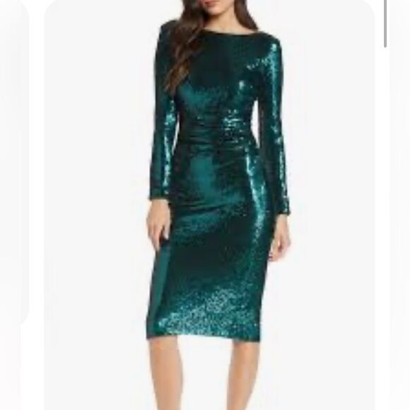 Dress The Population Emilia Sequin Long Sleeve Midi Dress Womens Green Small - Picture 1 of 11